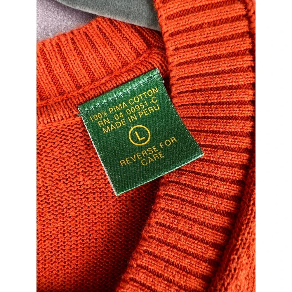 Peru Unlimited Mens Orange 100% Pima Cotton Preppy V-Neck Sweater L Made in Peru